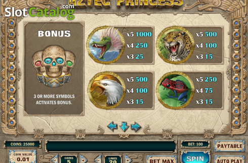 Paytable screen 2. Aztec Princess (Play'n Go) слот