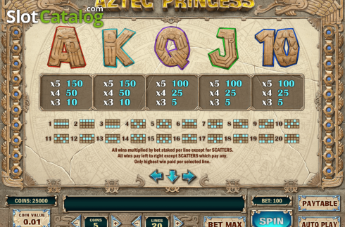 Paytable screen 3. Aztec Princess (Play'n Go) слот