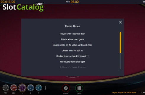 Скрин6. Vegas Single Deck Blackjack (Switch Studios) слот